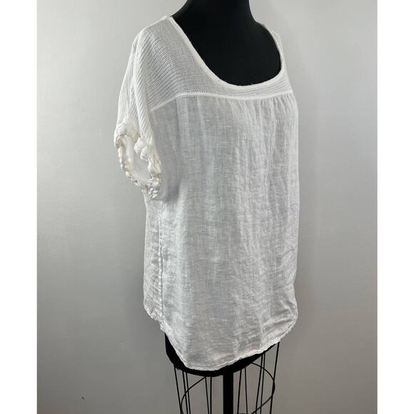 LUNGO L'ARNO White 100% Linen Woven & Knit Short Sleeve Tee Shirt Plus 1X Italy - Picture 1 of 9